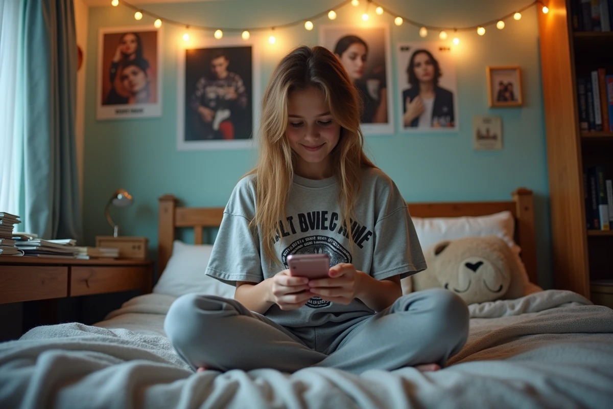 Adolescente dans sa chambre sur son téléphone, symbole du langage des jeunes et des nouveaux mots d'argot sur les réseaux sociaux
