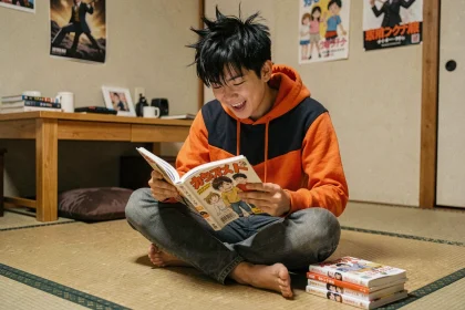 Adolescent lisant un tome de manga Naruto dans une chambre japonaise authentique
