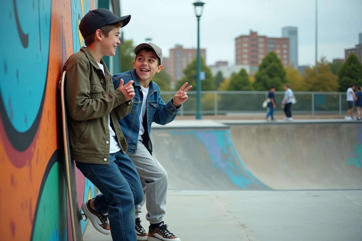 Deux adolescents au skatepark discutant avec enthousiasme, représentant le slang et le nouveau vocabulaire des jeunes en 2024