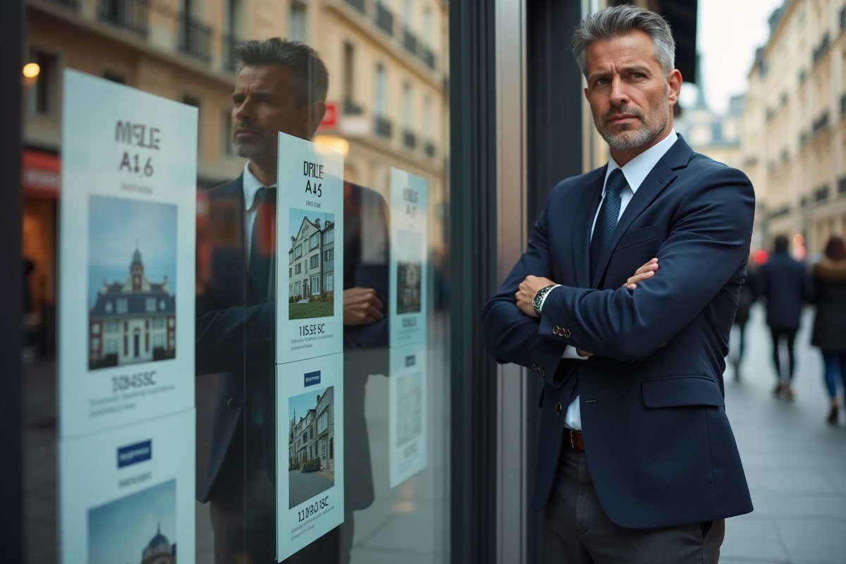 Homme consultant les annonces immobilières en vitrine d'une agence dans une grande ville française parmi les plus onéreuses