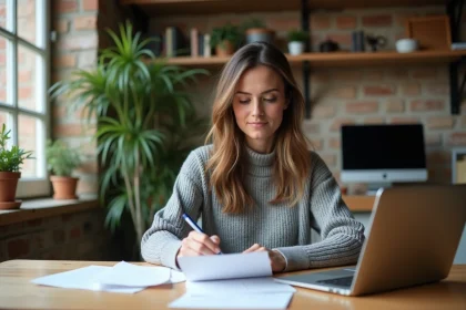 Femme analysant ses dépenses de loyer sur son ordinateur portable dans un appartement cosy