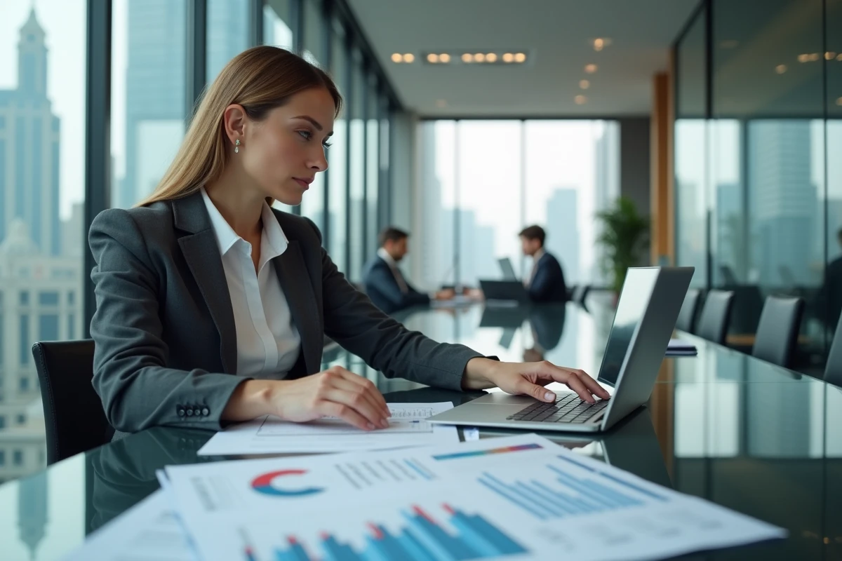 Femme d'affaires analysant les données du marché automobile dans un bureau d'entreprise moderne