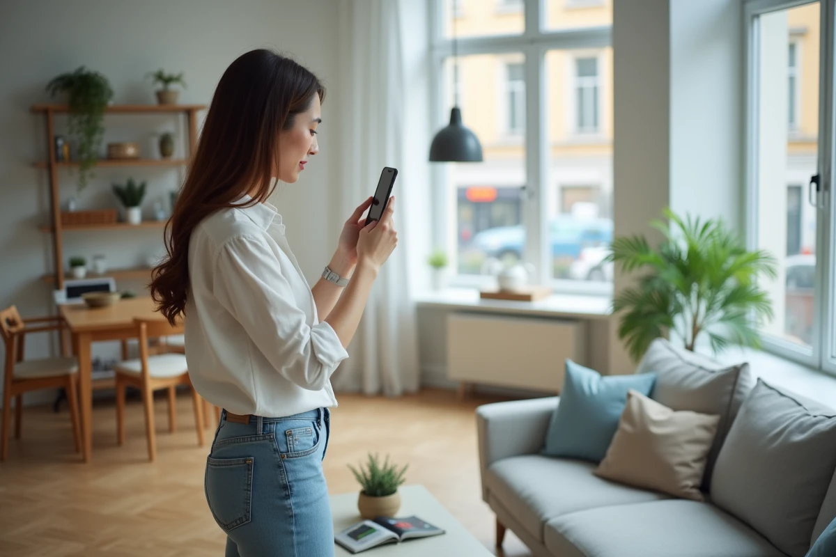 Jeune femme photographiant son appartement pour publier une annonce de location et réduire son loyer