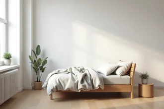 Intérieur minimaliste d'un appartement studio avec sol en bois brut, lit bas en bois et murs blancs épurés, idéal pour un mode de vie minimaliste