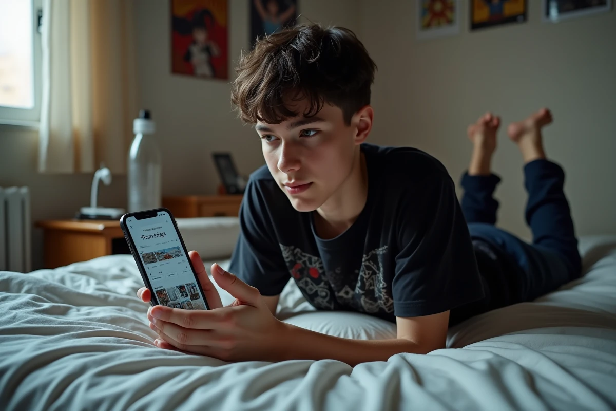 Adolescent allongé sur son lit explorant une application de lecture de scantrad manga en mode paysage sur smartphone