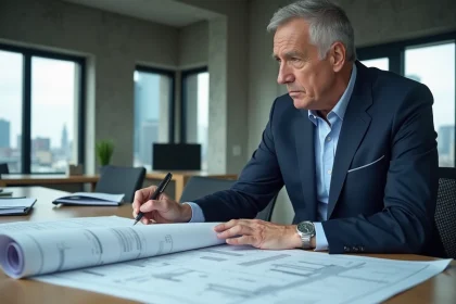Architecte en costume marine examinant un plan d'urbanisme opposable sur une table de réunion dans un bureau moderne
