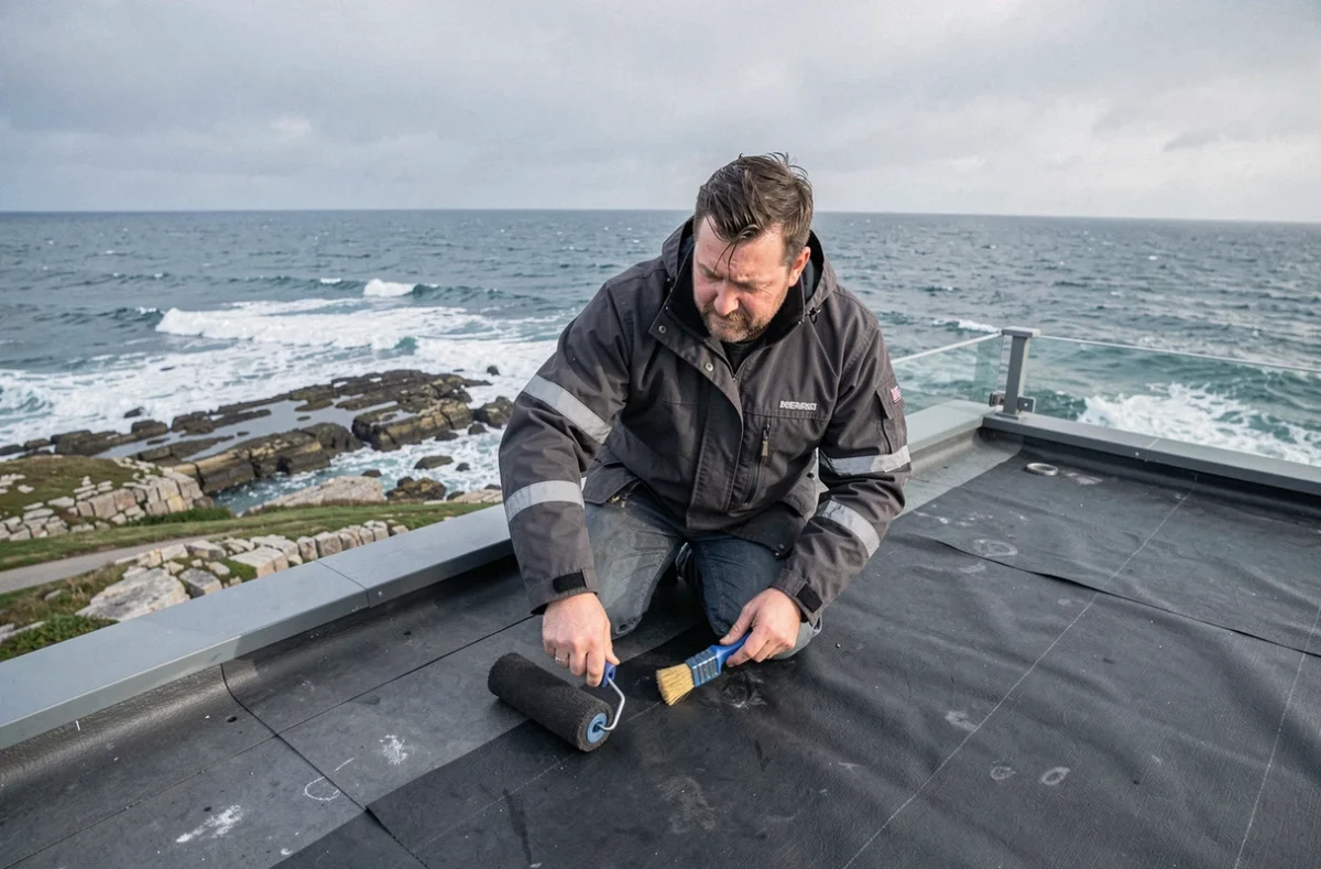 Couvreur d'Armor Couverture posant une membrane d'étanchéité sur une toiture terrasse face à la côte bretonne près de Saint-Brieuc