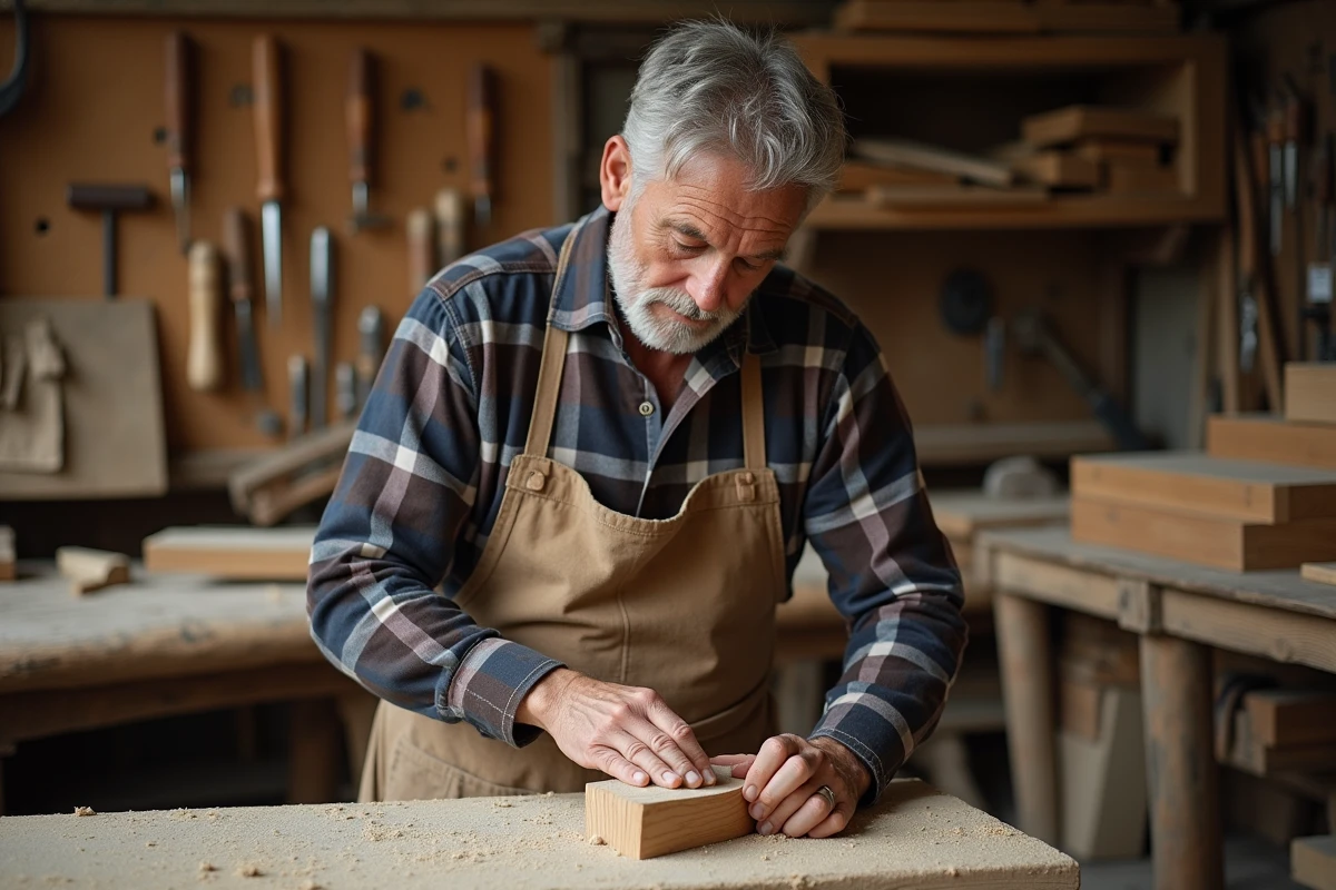 Artisan scandinave en atelier de menuiserie sablant une chaise en bois, symbolisant le savoir-faire artisanal derrière les meubles nordiques haut de gamme
