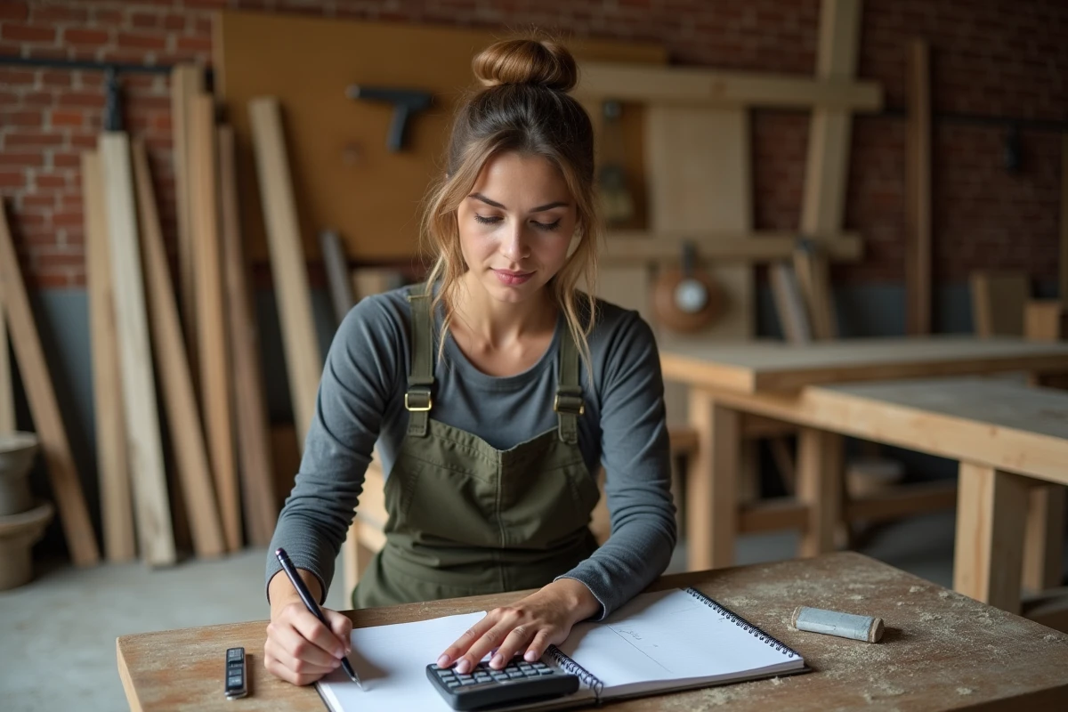 Artisane menuisière calculant ses tarifs horaires dans son atelier avec un carnet de devis