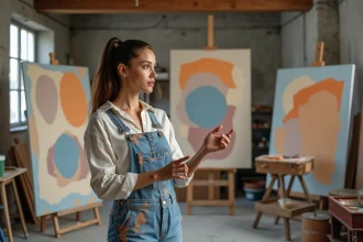 Jeune artiste contemporaine dans son atelier entourée de grandes toiles abstraites représentant le mouvement artistique le plus récent
