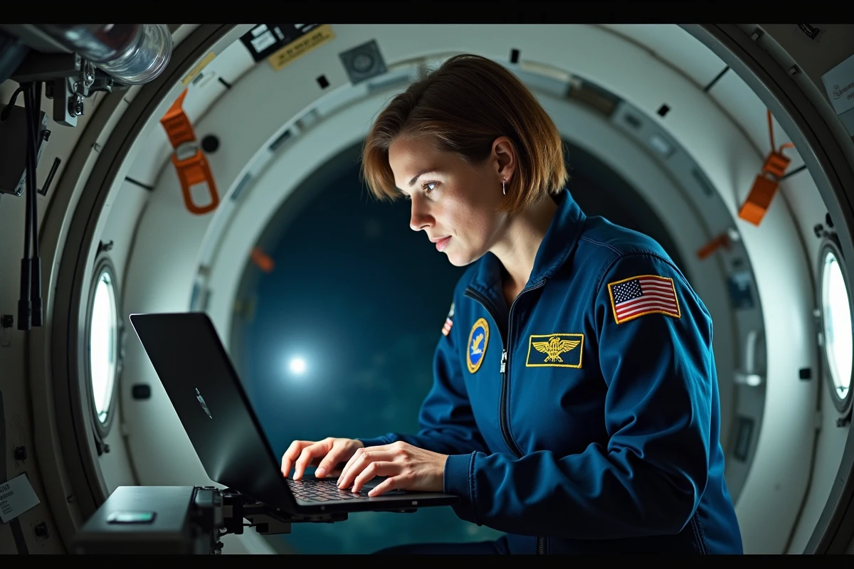 Astronaute féminine travaillant sur un ordinateur dans un module de recherche de la Station spatiale internationale