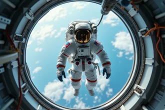Astronaute en combinaison spatiale flottant dans le module Cupola de l'ISS avec vue sur la Terre