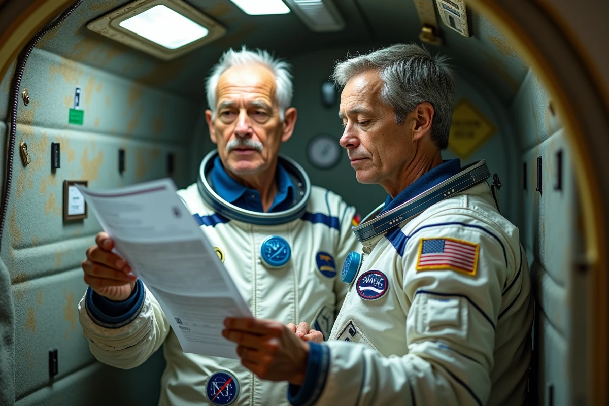 Deux astronautes consultant des documents de mission dans le compartiment de vie de l'ISS