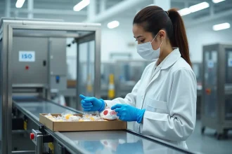 Auditrice ISO 22000 inspectant des étiquettes de sécurité alimentaire sur une ligne de production industrielle