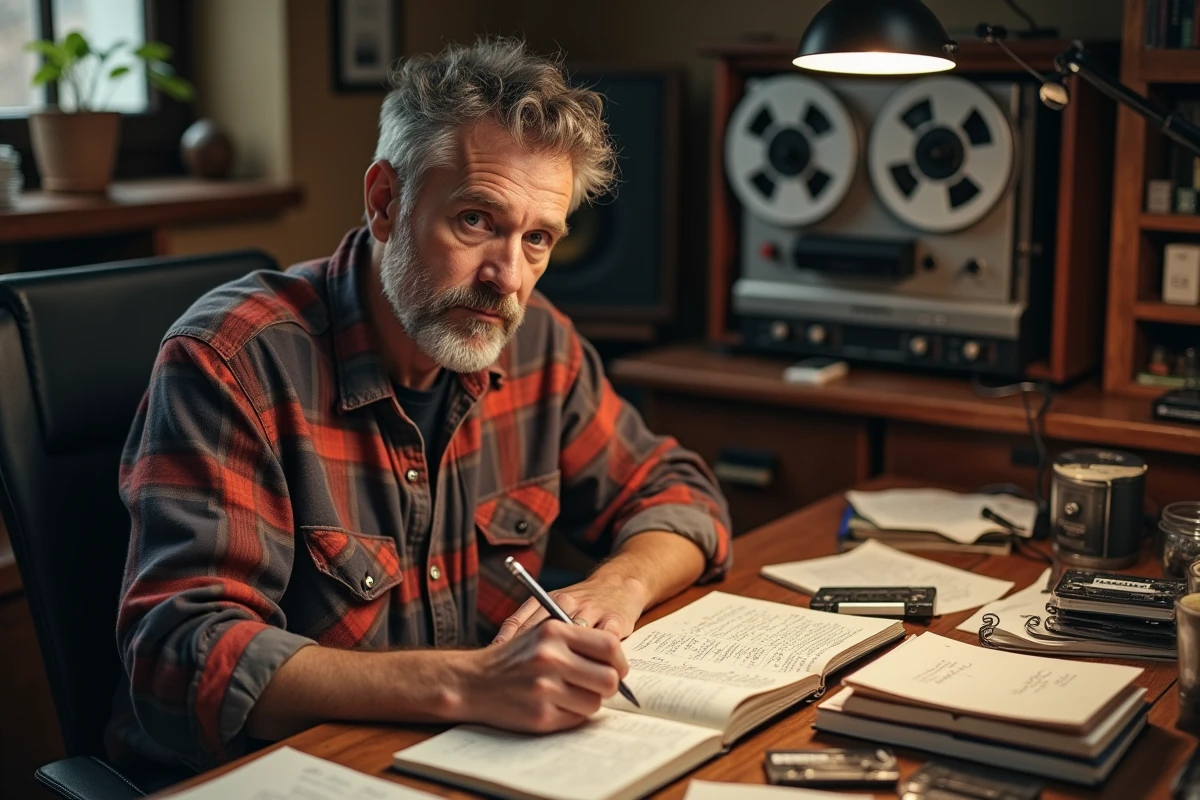 Auteur-compositeur réécrivant des paroles de chanson à son bureau de studio, entouré de carnets et de matériel audio vintage