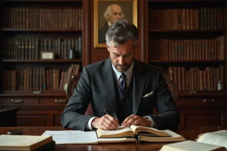 Avocat consultant des textes juridiques sur l'article 544 du Code civil dans un bureau de notaire classique