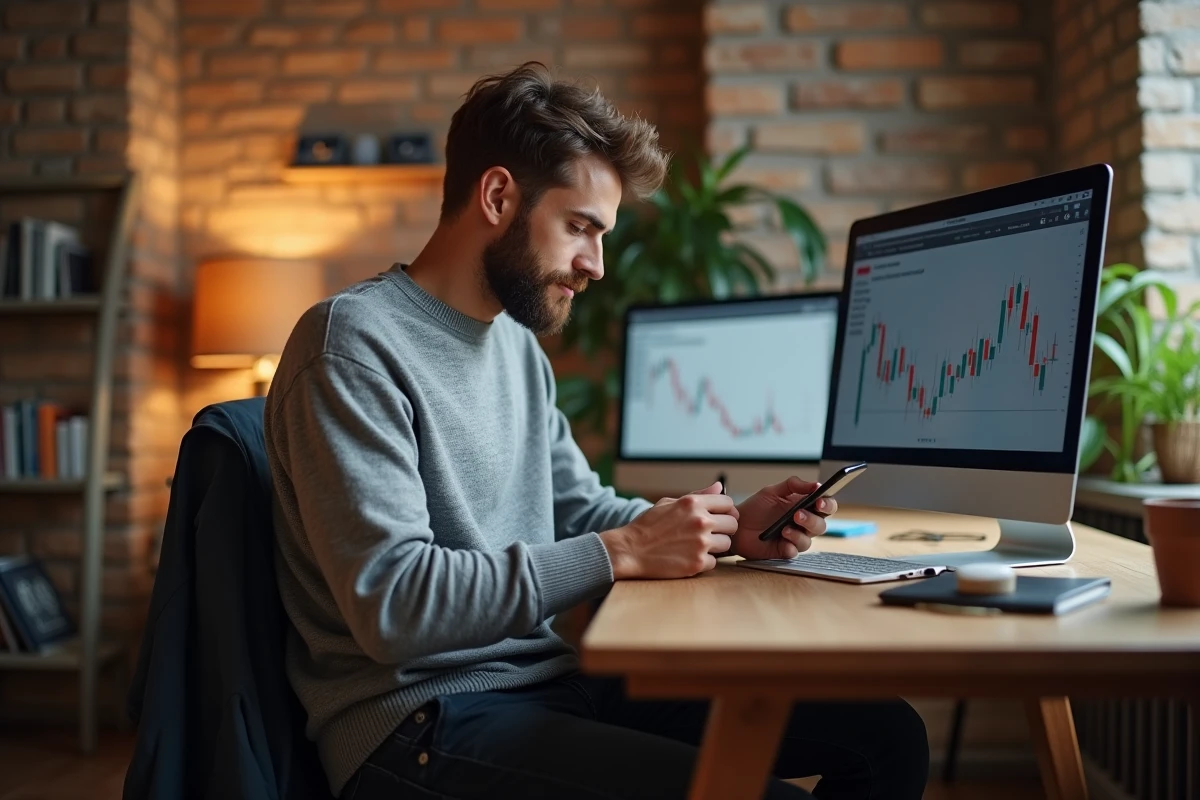 Jeune homme gérant ses finances via une application bancaire mobile depuis son appartement, symbolisant la banque numérique
