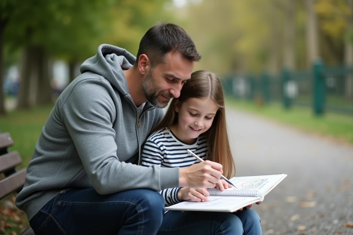 Beau-père et belle-fille adolescente partageant un moment complice dans un parc, regardant ensemble un carnet de dessin sur un banc