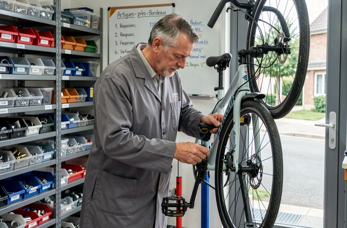Mécanicien réglant les freins d'un vélo hybride dans l'atelier Bricovélo à Artigues-près-Bordeaux