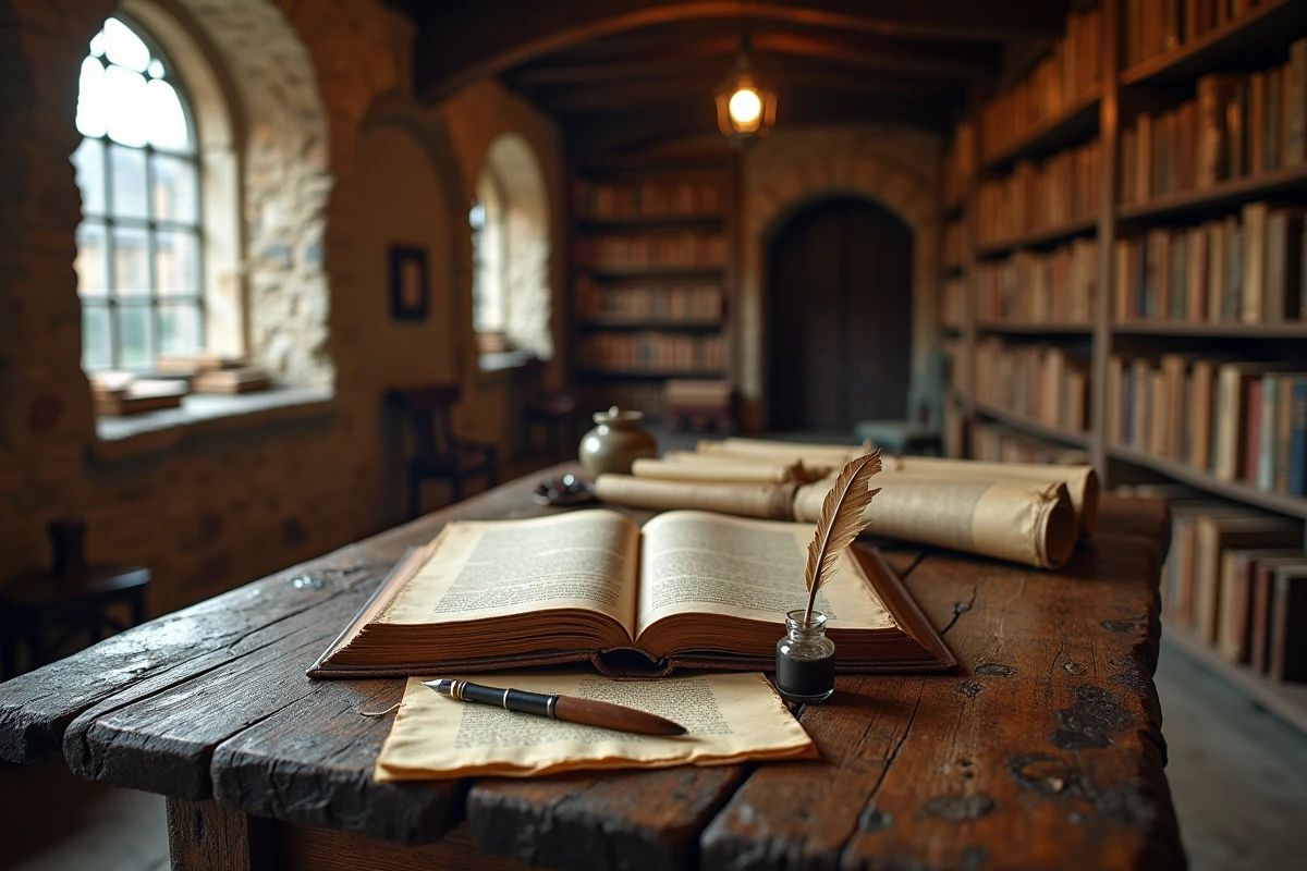 Bureau d'un érudit du 17e siècle avec livres anciens, manuscrits et plume, symbolisant les fondements de la pédagogie moderne