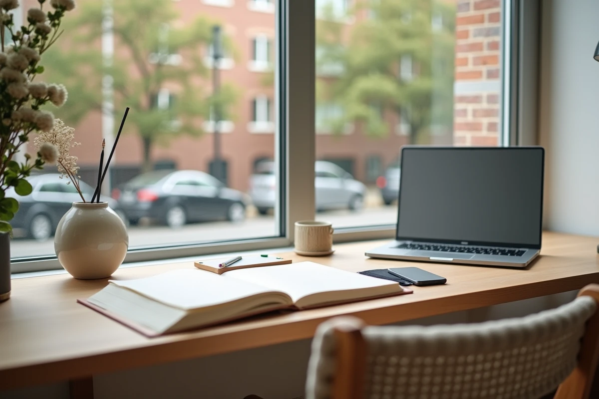 Bureau minimaliste en bois clair face à une fenêtre urbaine avec carnet et ordinateur portable, représentant un espace de vie minimaliste fonctionnel
