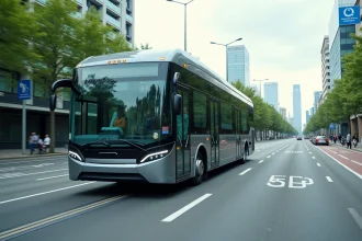 Bus électrique moderne circulant dans une ville durable avec pistes cyclables et bâtiments en verre