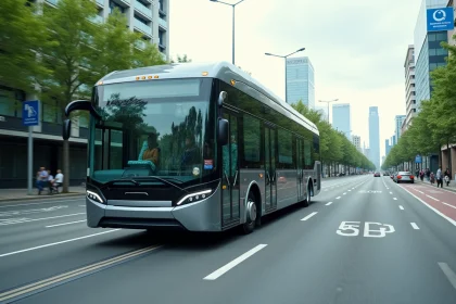 Bus électrique moderne circulant dans une ville durable avec pistes cyclables et bâtiments en verre