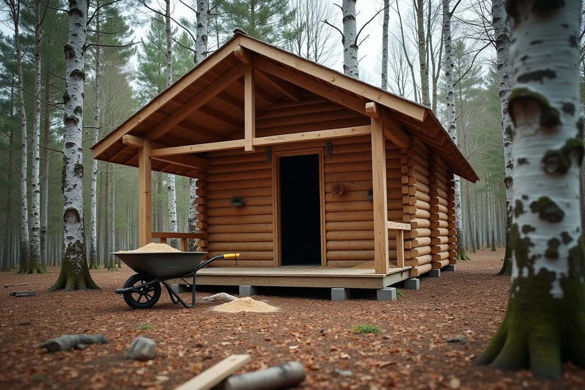 Charpente en bois d'une cabane en construction au milieu d'une forêt naturelle