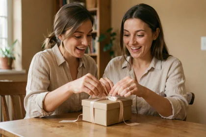 Femme souriante qui déballe un petit cadeau d'anniversaire pas cher dans un intérieur chaleureux
