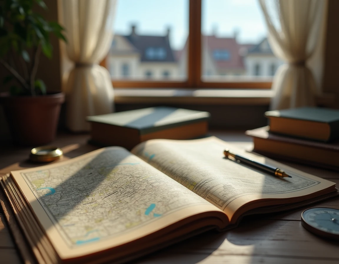 Vue de dessus d'une carte de ville belge et mots croisés sur un bureau en bois rustique