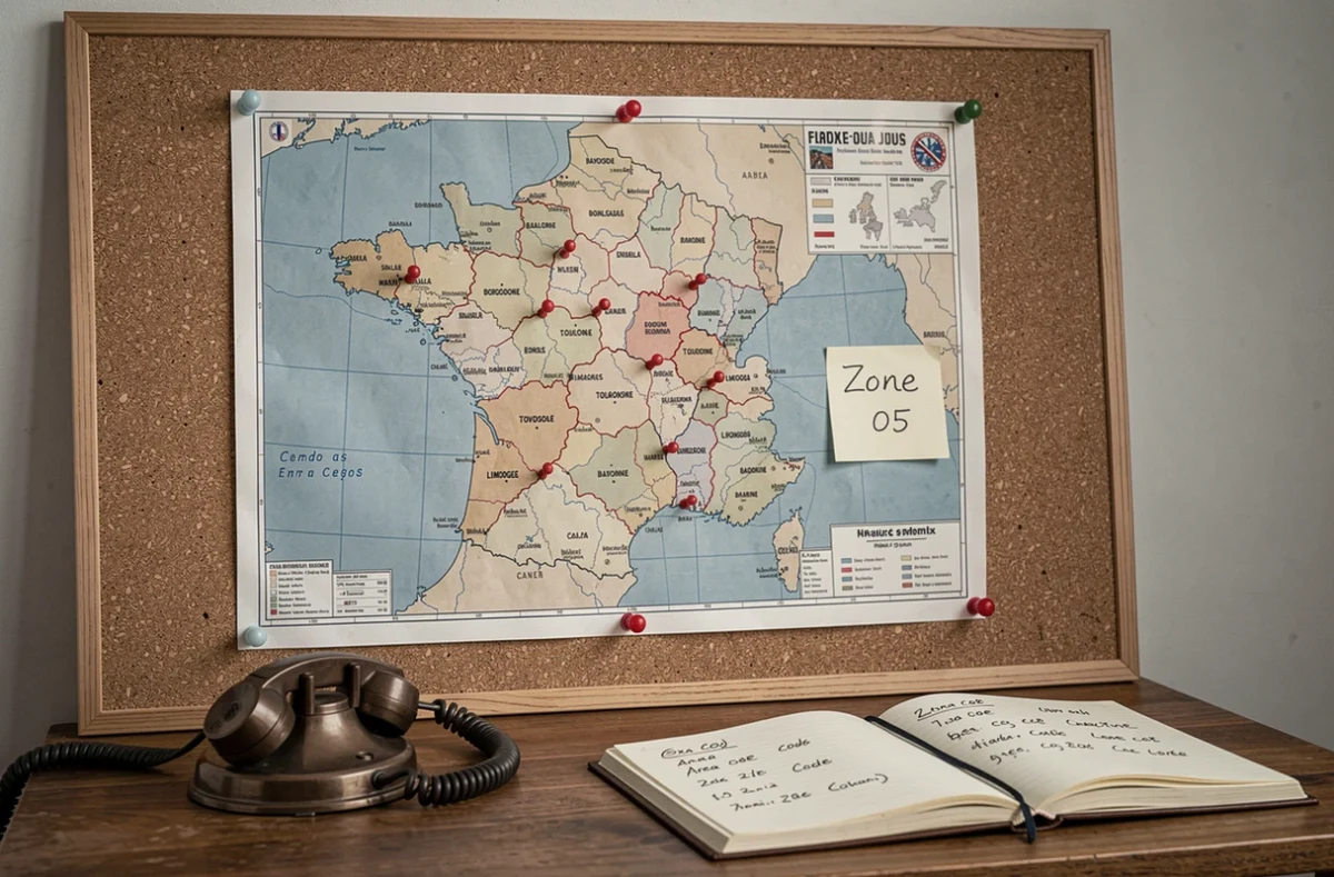 Carte géographique du sud-ouest de la France avec les villes associées à l'indicatif 05 épinglées sur un tableau en liège
