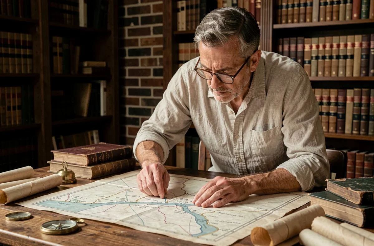 Cartographe étudiant une ancienne carte manuscrite du Danube avec des annotations de rectifications historiques du tracé