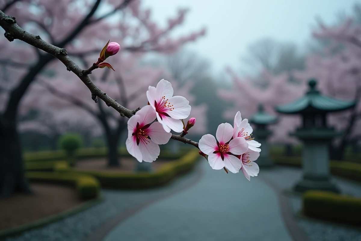 Branche de cerisier japonais en fleurs sous un ciel nuageux, évoquant la résilience et la beauté éphémère du printemps