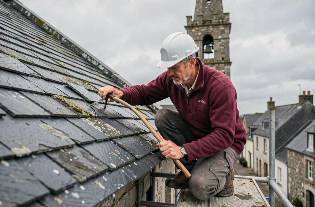 Artisan de Chapron Couverture remplaçant des ardoises sur l'église d'un village breton en Côtes-d'Armor