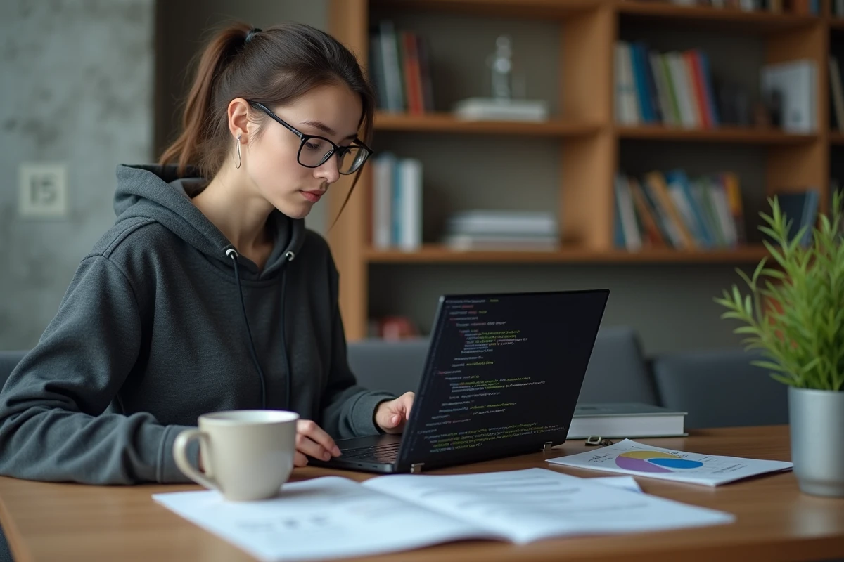 Chercheuse comparant les architectures d'ordinateurs quantiques et classiques à son bureau universitaire