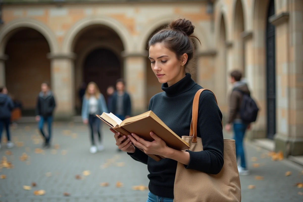 Jeune chercheuse lisant une critique de Bourdieu dans une cour universitaire pavée en automne