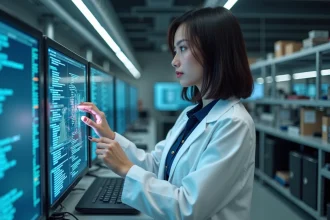 Chercheuse en technologie interagissant avec une interface holographique dans un laboratoire moderne