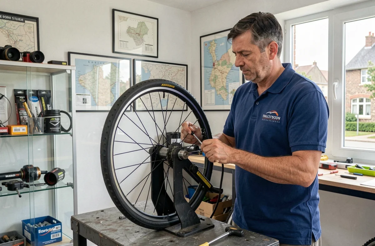 Mécanicien centrant une roue dans l'atelier Citibike Bordeaux à Saint-Médard-en-Jalles