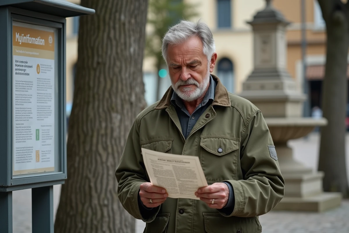 Homme lisant un avis municipal opposable affiché sur un panneau d'information dans une place de ville française