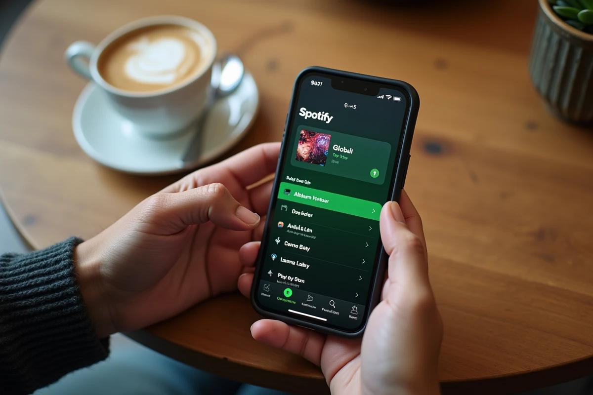 Smartphone affichant le classement numéro 1 mondial sur l'application Spotify dans un café