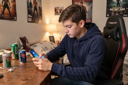 Adolescent cherchant un code gratuit Brawl Stars sur son smartphone dans sa chambre
