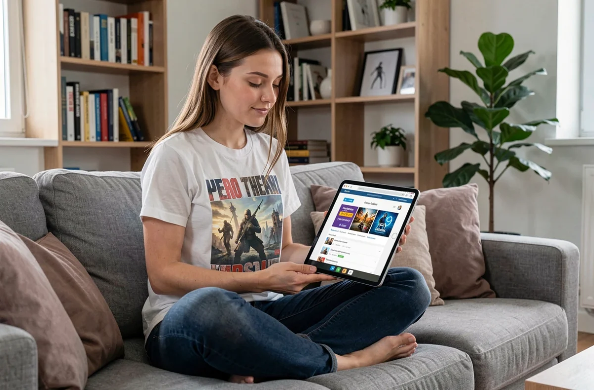 Jeune femme consultant un forum de codes promos Brawl Stars sur une tablette dans un salon moderne