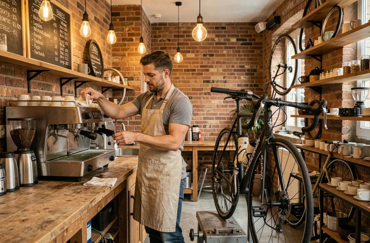 Café-atelier Coffee and Bicyclette à Bordeaux avec un mécanicien entre machine à espresso et vélo en réparation