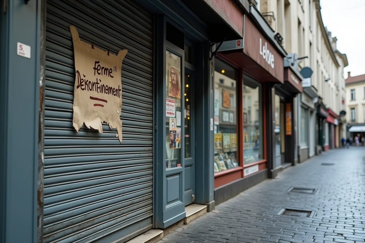 Devanture de commerce fermé définitivement avec volet baissé et panneau de fermeture en milieu urbain