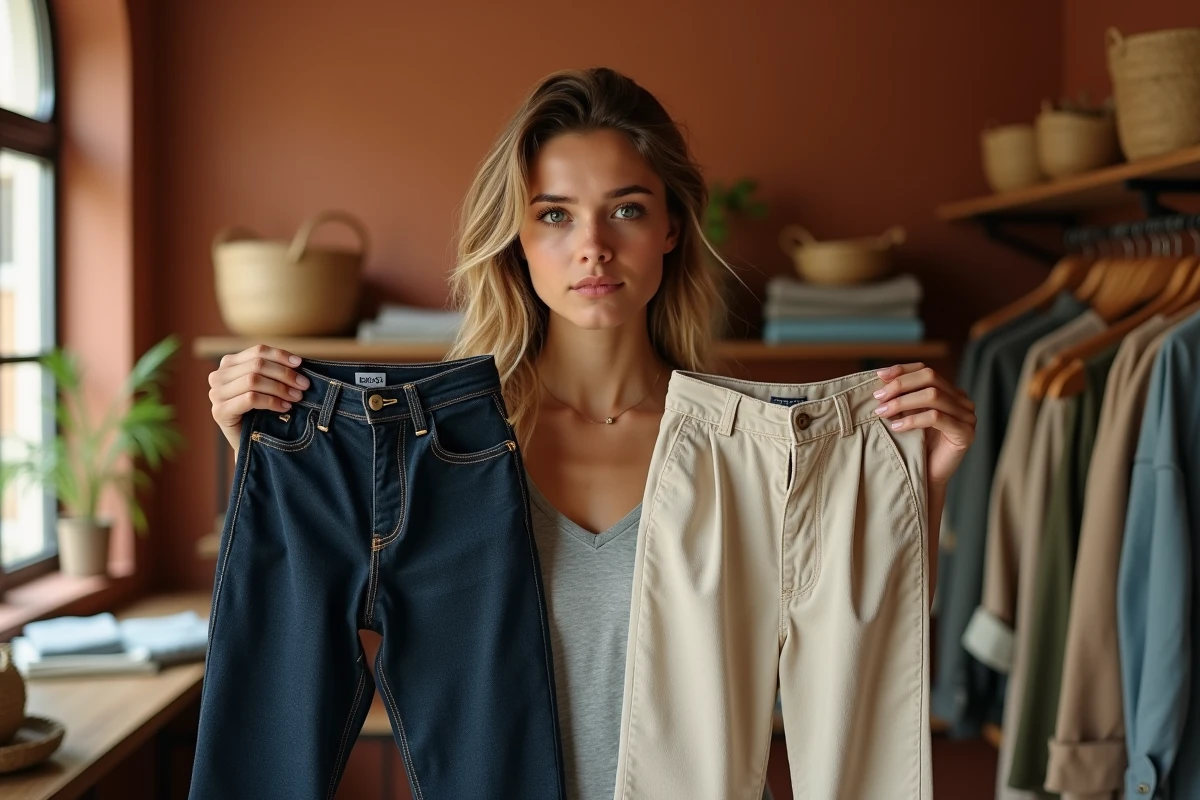 Jeune femme dans une boutique de mode éthique comparant un jean en denim rigide à un pantalon en coton biologique souple, exprimant un regard critique sur le port du jean