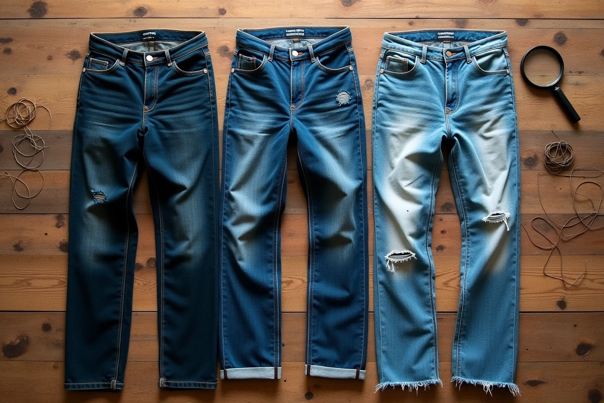 Vue aérienne de trois jeans côte à côte à différents stades d'usure sur une table en bois illustrant la dégradation progressive du denim