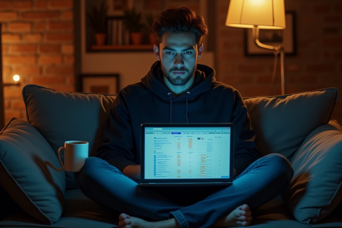 Jeune homme comparant des services VPN sur son ordinateur portable depuis son canapé