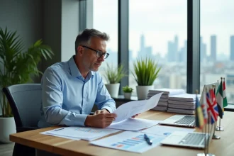 Comptable analysant des documents de comparaison fiscale internationale dans un bureau moderne avec drapeaux de différents pays