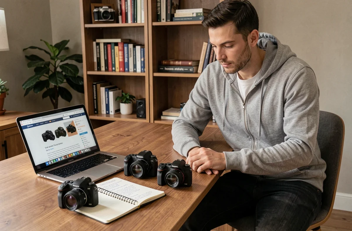 Homme comparant plusieurs appareils photo compacts sur un bureau avec des notes manuscrites