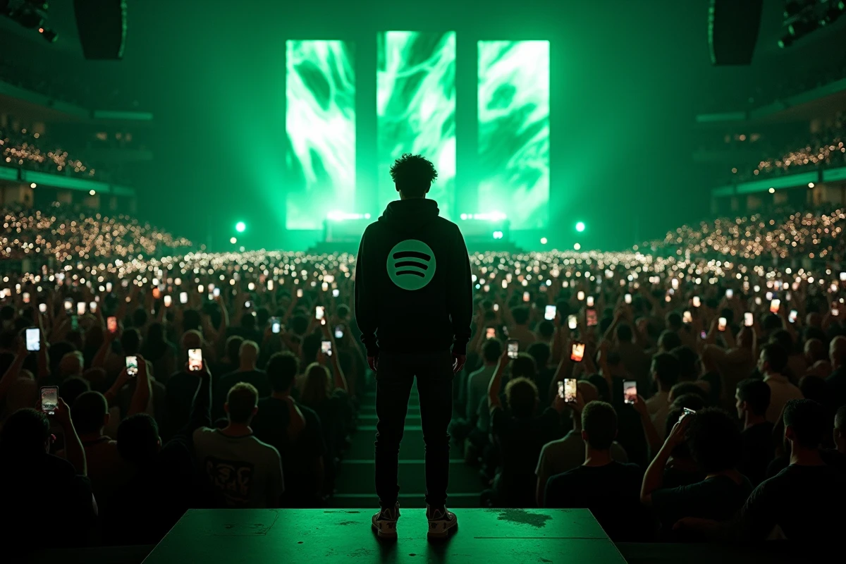 Artiste numéro 1 mondial sur Spotify se produisant devant une foule immense dans une grande salle de concert